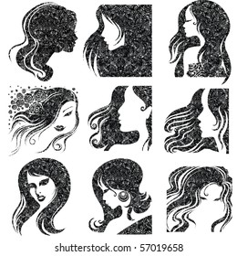 Vector set of closeup grunge portrait of beautiful woman with long hair (From my big "Vintage woman collection ")