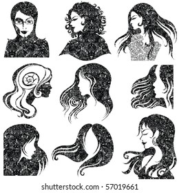 Vector set of closeup grunge portrait of beautiful woman with long hair (From my big "Vintage woman collection ")