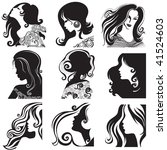 Vector set of closeup silhouette portrait of beautiful woman with long hair (From my big "Vintage woman collection ")