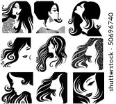 Vector set of closeup silhouette portrait of beautiful woman with long hair (From my big "Vintage woman collection ")
