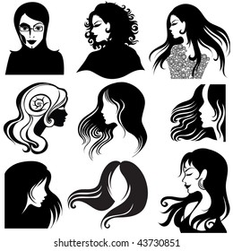 Vector set of closeup silhouette portrait of beautiful woman with long hair (From my big "Vintage woman collection ")