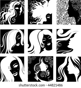 Vector set of closeup silhouette portrait of beautiful woman with long hair (From my big "Vintage woman collection ")