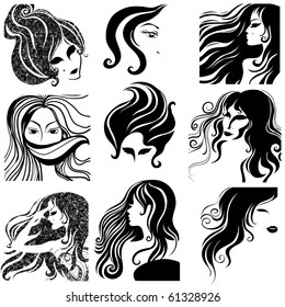 Vector set of closeup silhouette portrait of beautiful woman with long hair (From my big "Vintage girl collection")