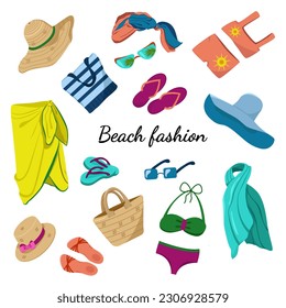 Vector set of clothes and accessories for the Beach. Summer Beach fashion. Clothes for a vacation at sea. The image of bags, slippers, hats, swimwear and sunglasses.