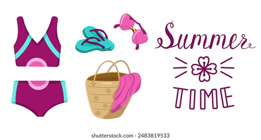 Vector set of clothes and accessories for the beach and seaside holidays. Summer holidays. Color illustration of a swimsuit, raffia bag and sunglasses. Seaside holiday concept.