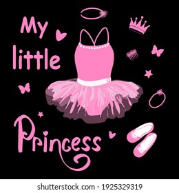 vector set of clothes and accessories for a little girl in pink colors and the inscription My Little Princess