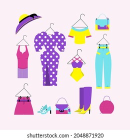 Vector set of clothes and accessories. Sweaters and dress, women's dresses on hangers.