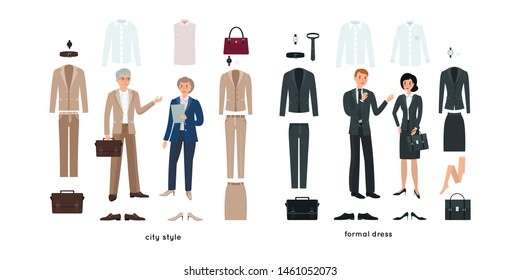 Vector set of clothes for 
elderly and young man and woman: shirt, jacket, skirt, pants, shoes, bag, wrist watch. City and formal style. Professional wardrobe for management. 