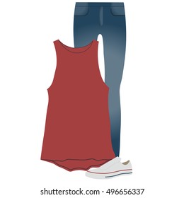 Vector set of clothes for everyday wear, youth clothes, jeans, t-shirt, sneakers