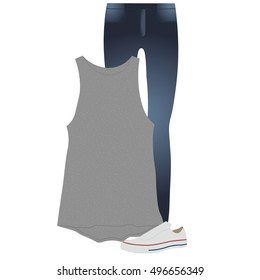 Vector set of clothes for everyday wear, youth clothes, jeans, t-shirt, sneakers