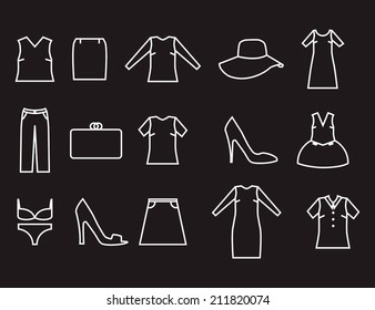 Vector set of clothes icons on dark background
