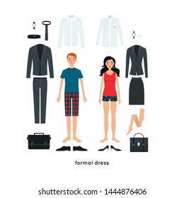 
Vector set of clothes for man and woman: shirt, jacket, tie, skirt, pants, shoes, bag, wrist watch. Formal style (high coefficient of conservatism). Professional wardrobe for management and business.