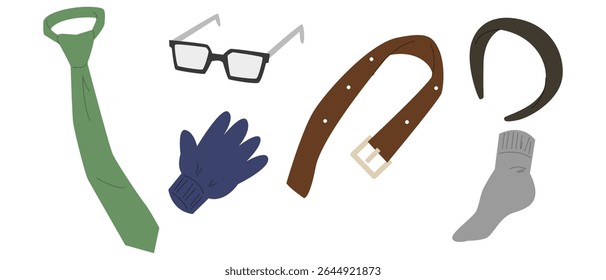Vector set of clothing accessories. Glasses, tie, glove, belt, headband and sock. Cartoon style.