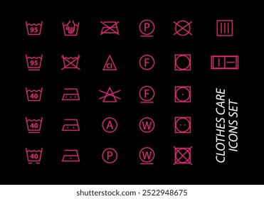 Vector set of clothing care icons. Instructions for washing, drying, dry cleaning and ironing. Pink neon signs for designing clothes tags in minimalist style.