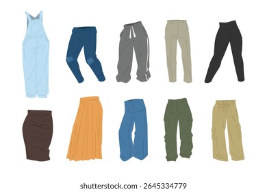 Vetor conjunto de roupas. Calça jeans, calças de corrida, calças, pernas, saias, calças de carga e macacão. Estilo de desenho animado.