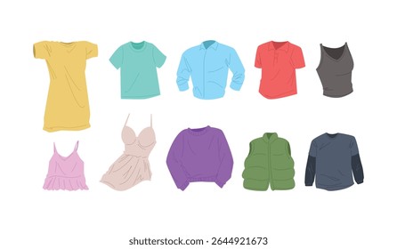 Vetor conjunto de roupas. Camiseta, camiseta, polo, tampo do tanque, camisola, suéter, colete e manga comprida. Estilo de desenho animado.