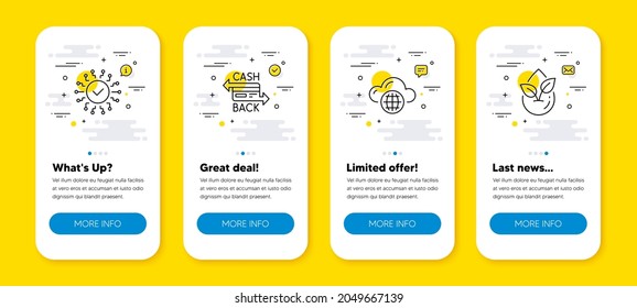 Vector set of Cloud computing, Cashback card and Security network line icons set. UI phone app screens with line icons. Organic product icon. Internet storage, Money payment, Cyber system. Vector