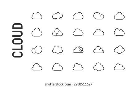 Vector set of cloud thin line icons. Design of 20 stroke pictograms. Signs of cloud isolated on a white background.