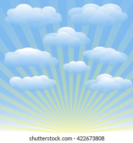 Vector set of clouds, blue sky, sunrays. Transparent gradient vector background for booklets, brochures, fliers, websites, banners. Cloudy weather, sunny summer day