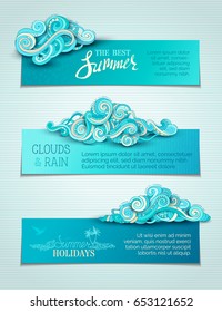 Vector set of clouds horizontal banners. Hand-drawn doodles clouds and rain drops. There is copy space for your text in blue sky. Summer templates.