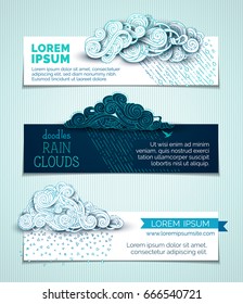 Vector set of clouds horizontal banners.Hand-drawn ornate clouds, rain, curls, swirls and spirals. Day and night. There is copy space for your text on white and dark backgrounds.