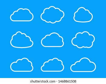 Vector set of clouds isolated on blue background. Cloud signs for use in the design of the weather forecast interface, for the creation of paper stickers and more.