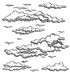 Vector Set  Clouds And Seagulls Line Drawing