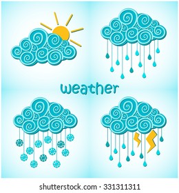 Vector set of clouds. Sun, rain, snow, storm