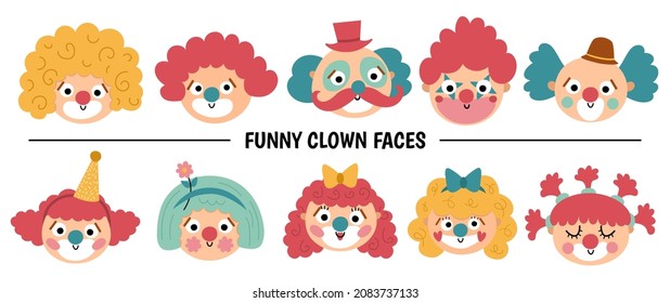 Vector set with clown faces. Circus artists avatars clipart. Amusement holiday icons pack. Cute funny festival characters clip art. Street show comedians illustration
