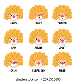 Vector set with clown faces showing feelings and emotions. Circus artists avatars clipart. Amusement heads icons. Cute funny festival characters clipart. Street show comedians illustration
