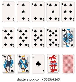 Vector Set of Club Suit Playing Cards. Joker. Backdrop