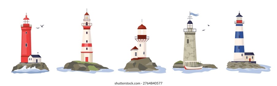Vector set of coastal lighthouses on rocky islands. Flat illustrations collection nautical navigation tower with beacon lights for travel design, marine themes, prints. Marine seaside architecture