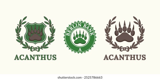 Vector set of coats of arms, seals or emblems. Powerful brown bear paw with wreath and on green shield. Acanthus. Collection of heraldic bearish symbols. Berlin bank. Light isolated background.