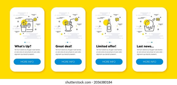 Vektorset von Cocktail-, Food-App- und Bier-Line-Symbolen. UI Telefon-App-Bildschirme mit Zeilensymbole. Eiscreme-Symbol. Frisches Getränk, Speisen, Pub-Alkohol. Sonnige Tasse. Handy-UI-Banner. Vektorgrafik