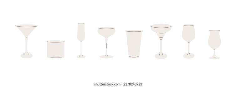 Vector set of cocktail glasses flat icons. Trendy modern simple style of different barware. Empty glassware for bar. Various glass for alcoholic beverages, drinks, juices and smoothies. 