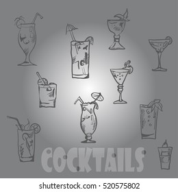 Vector set of cocktail glasses in the style of chalk on a blackboard