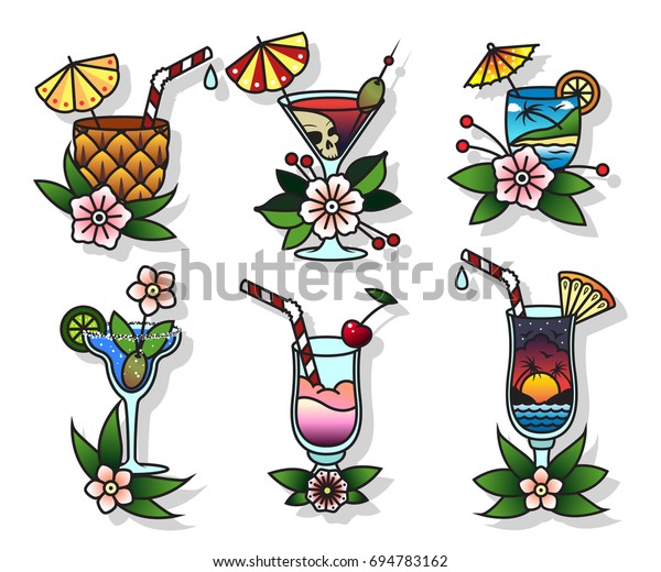 Vector Set Cocktail Glasses Traditional Tattoo Stock Vector (Royalty