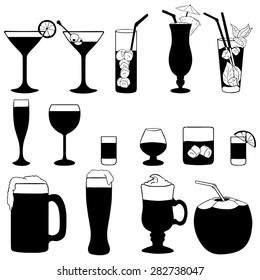 Vector Set of Cocktails and Alcohol Drinks. Black and White Illustration.