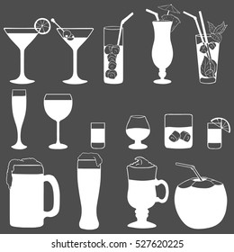 Vector Set of Cocktails and Alcohol Drinks. Black and White Illustration.