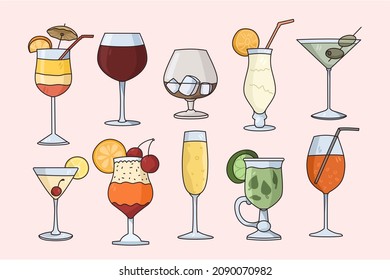 Vector set of cocktails in glasses served at bar. Classic alcoholic beverages isolated on white background. Restaurant of club menu. Alcohol and soft drinks concept. Flat illustration, cartoon. 