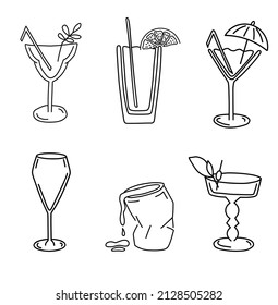Vector set of cocktails. Hand drawn vector illustration is sketch style. Isolated on white background. Popular cocktails for design menu,posters, brochures for cafe, bar.