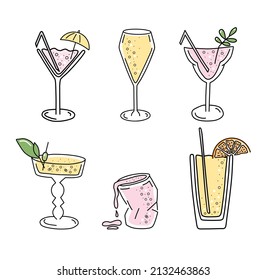 Vektorcocktails. Handgezeichnete Vektorgrafik ist Skizzenstil. Einzeln auf weißem Hintergrund. Beliebte Cocktails für Design-Menü, Poster, Broschüren für Café, Bar.