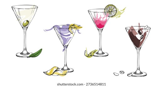 Vector set of cocktails in martini glasses hand drawn in ink. Aviation, Cosmopolitan, Espresso, Strawberry Daiquiri with citrus and olive garnish. Bar menu graphics, recipe borders, catalog pages