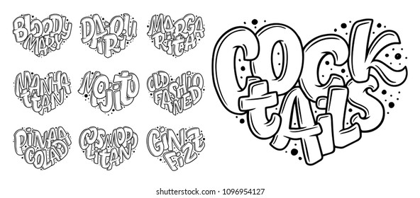 Vector set of cocktails names, lettering in heart - Gin Fizz, Cosmopolitan, Pina Colada, Old Fashioned, Mojito, Manhattan, Margarita, Daiquiri, Bloody Mary. Hand drawn illustration in bubble style