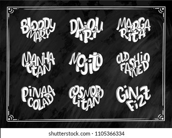 Vector set of cocktails names, lettering in heart - Gin Fizz, Cosmopolitan, Pina Colada, Old Fashioned, Mojito, Manhattan, Margarita, Daiquiri, Bloody Mary. Hand drawn illustration in bubble style