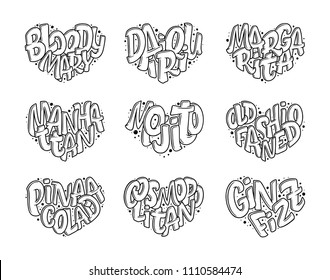 Vector set of cocktails names, lettering in heart - Gin Fizz, Cosmopolitan, Pina Colada, Old Fashioned, Mojito, Manhattan, Margarita, Daiquiri, Bloody Mary. Hand drawn illustration in bubble style