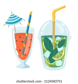Vector set of cocktails party umbrella and Mojito. illustration of cocktails. Hand drawn flat isplated on white