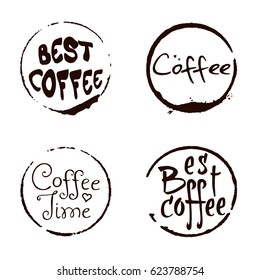 Vector set of cofee ring stains with hand drawn lettering. Grunge style design element.