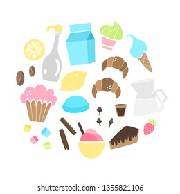 Vector set with coffee additives, desserts and drinks. Hand-drawn style