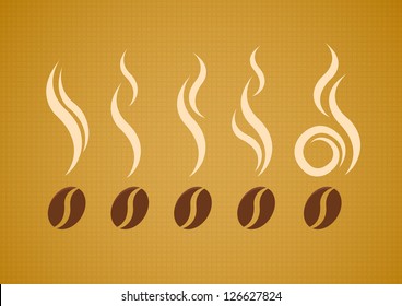 Vector set of coffee beans with steam on abstract canvas background